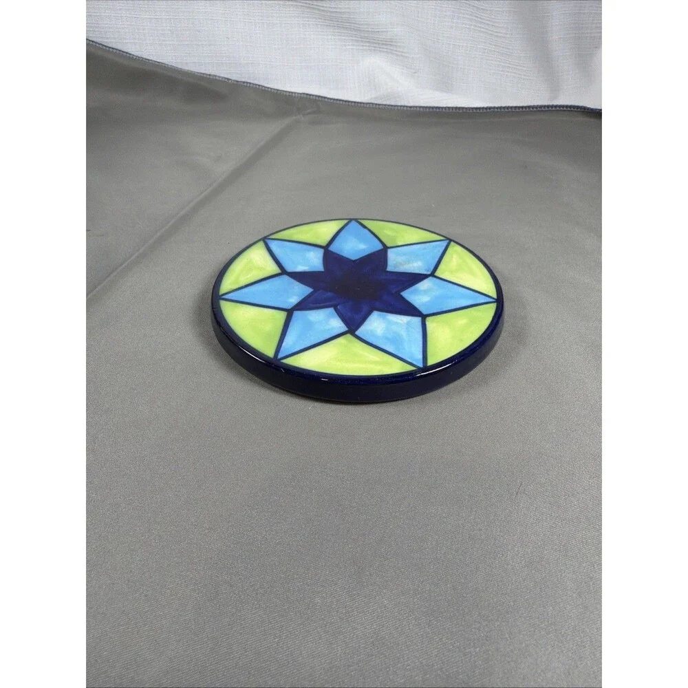 Vintage Pier 1 Ceramic Coaster Trivet Round Blue Green Star Talavera Style Boho
